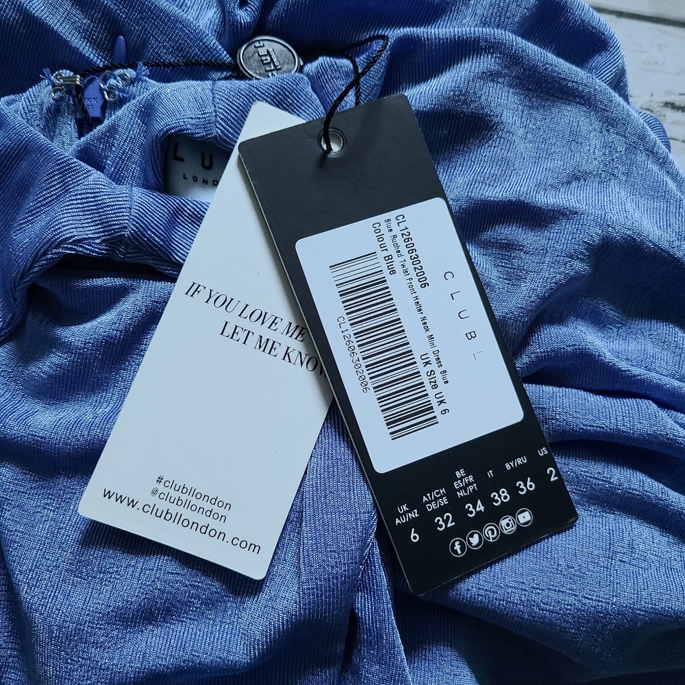 NWT GORGEOUS Blue RUCHED Twist Front Mini Dress - Picture 10 of 14